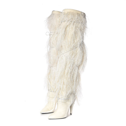 Saint Laurent Veluto Master Ostrich Yeti 110 Over The Knee Boots 38 Blanc Optique 2 of 8