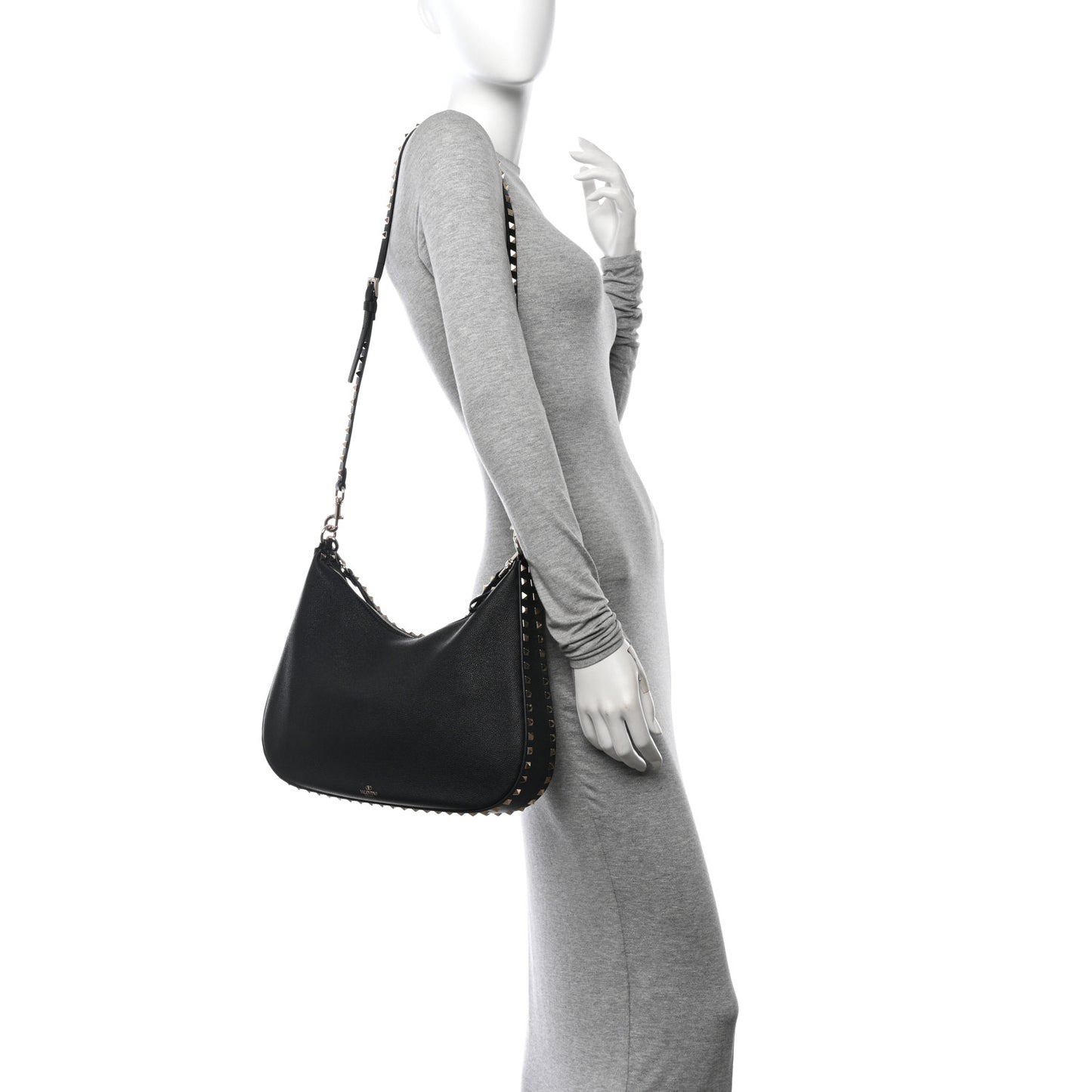 Grained Calfskin Rockstud Hobo Bag Black