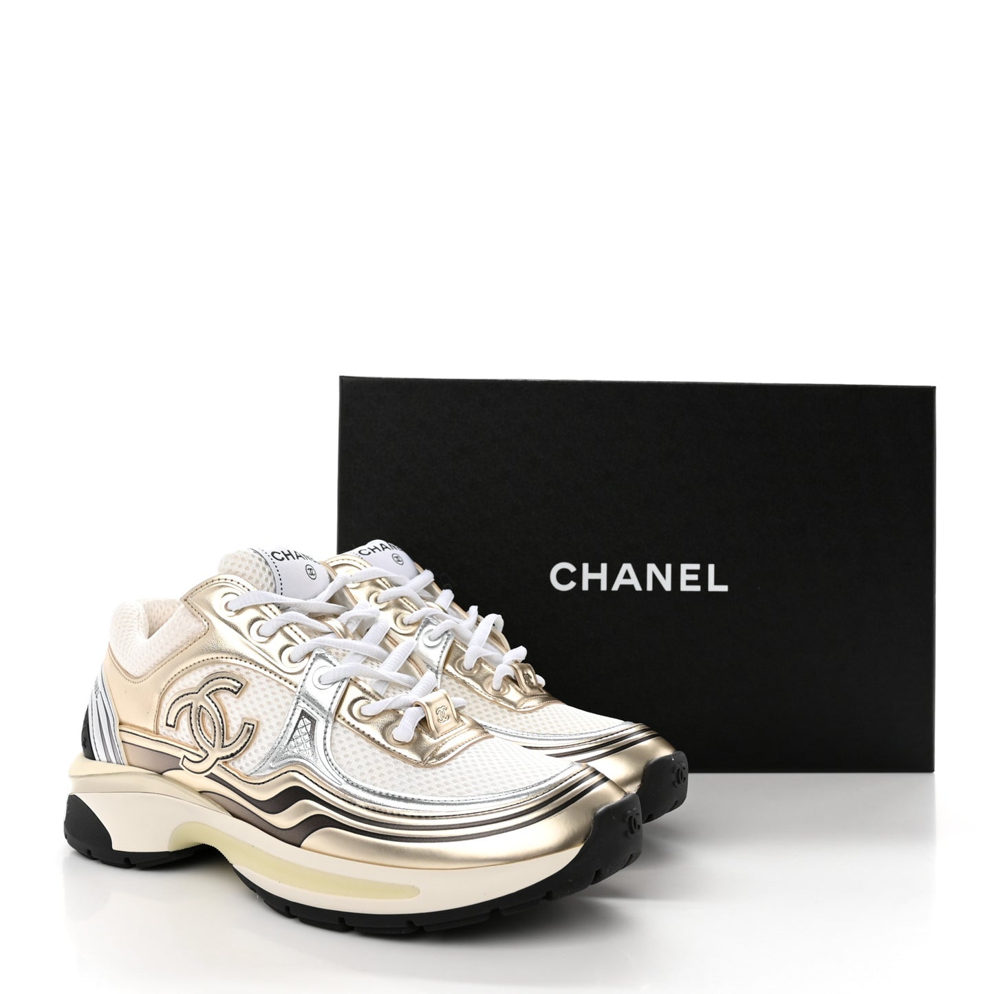 Fabric Laminated Calfskin Stretch CC Womens Sneakers 38 White Gold Silver