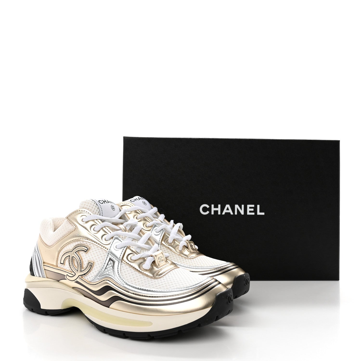 Chanel Fabric Laminated Calfskin Stretch CC Womens Sneakers 38 White Gold Silver 10 of 10