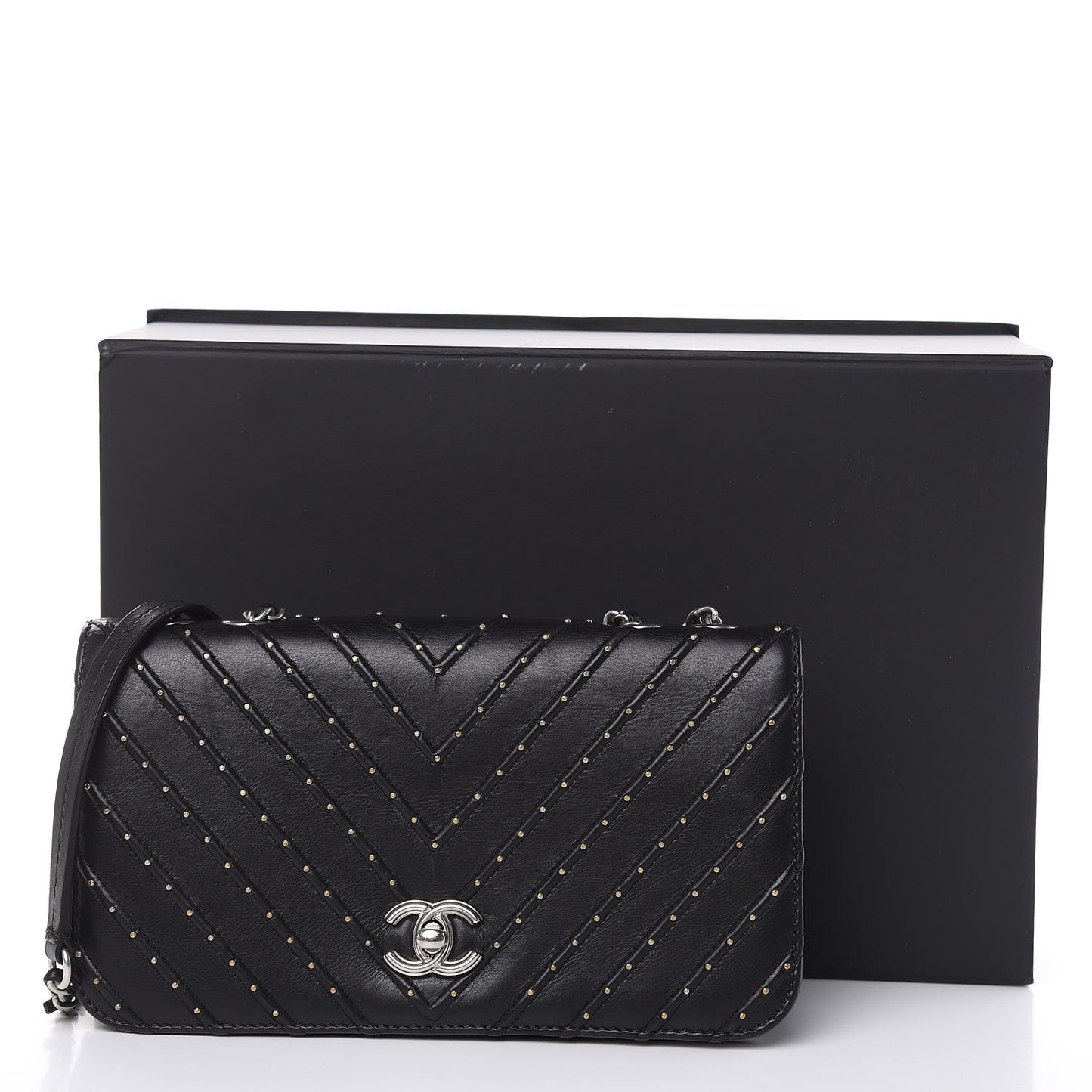 Calfskin Studded Chevron Quilted Flap Black