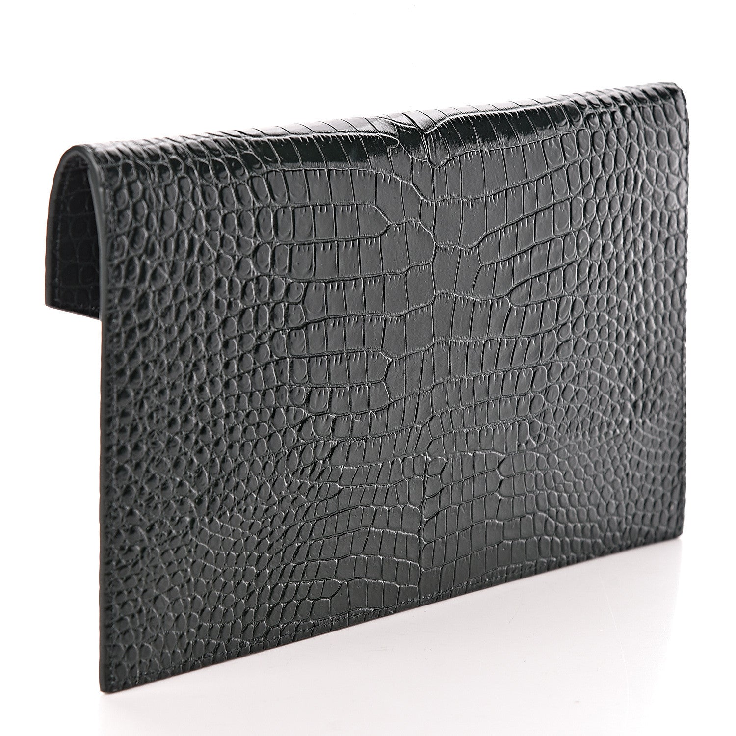 Saint Laurent Calfskin Crocodile Embossed Uptown Monogram Clutch Dark Green 3 of 7