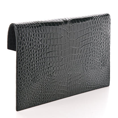 Saint Laurent Calfskin Crocodile Embossed Uptown Monogram Clutch Dark Green 3 of 7