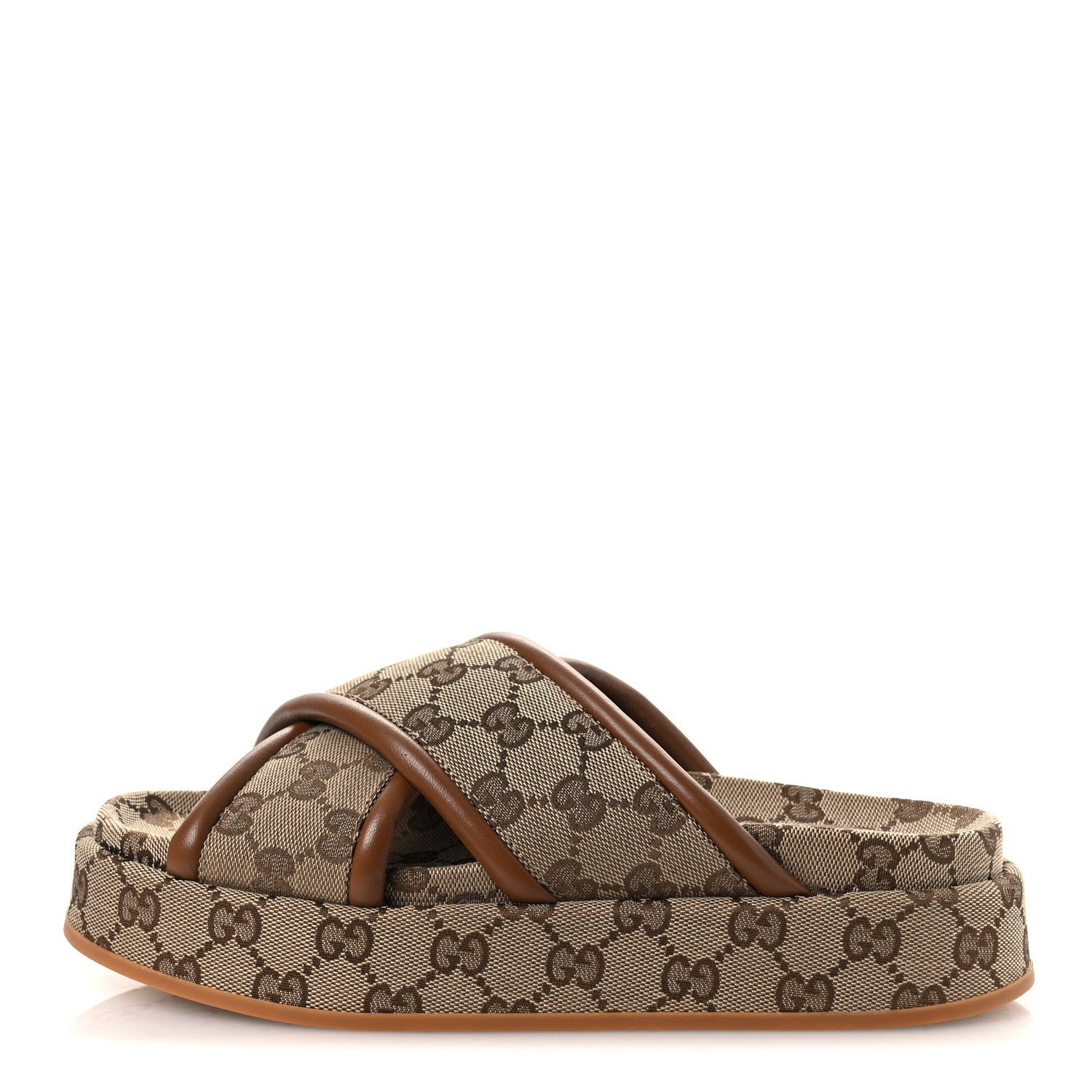 Gucci Monogram GG Calfskin Angelina Platform 55mm Slide Sandals 38.5 Camel Ebony 1 of 11