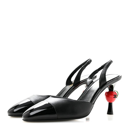 Chanel Lambskin Patent Cap Toe CC Apple Slingback Pumps 37 Black 4 of 9