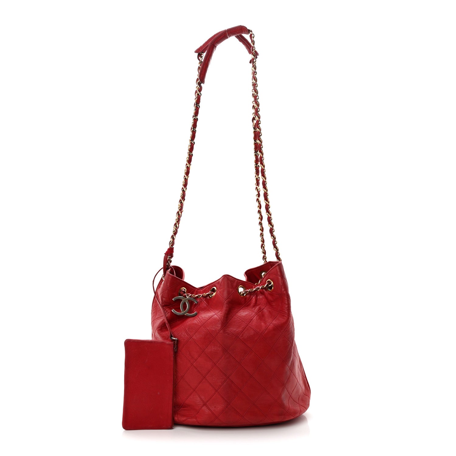 Chanel Lambskin Diamond Stitched CC Drawstring Shoulder Bag Red 3 of 16
