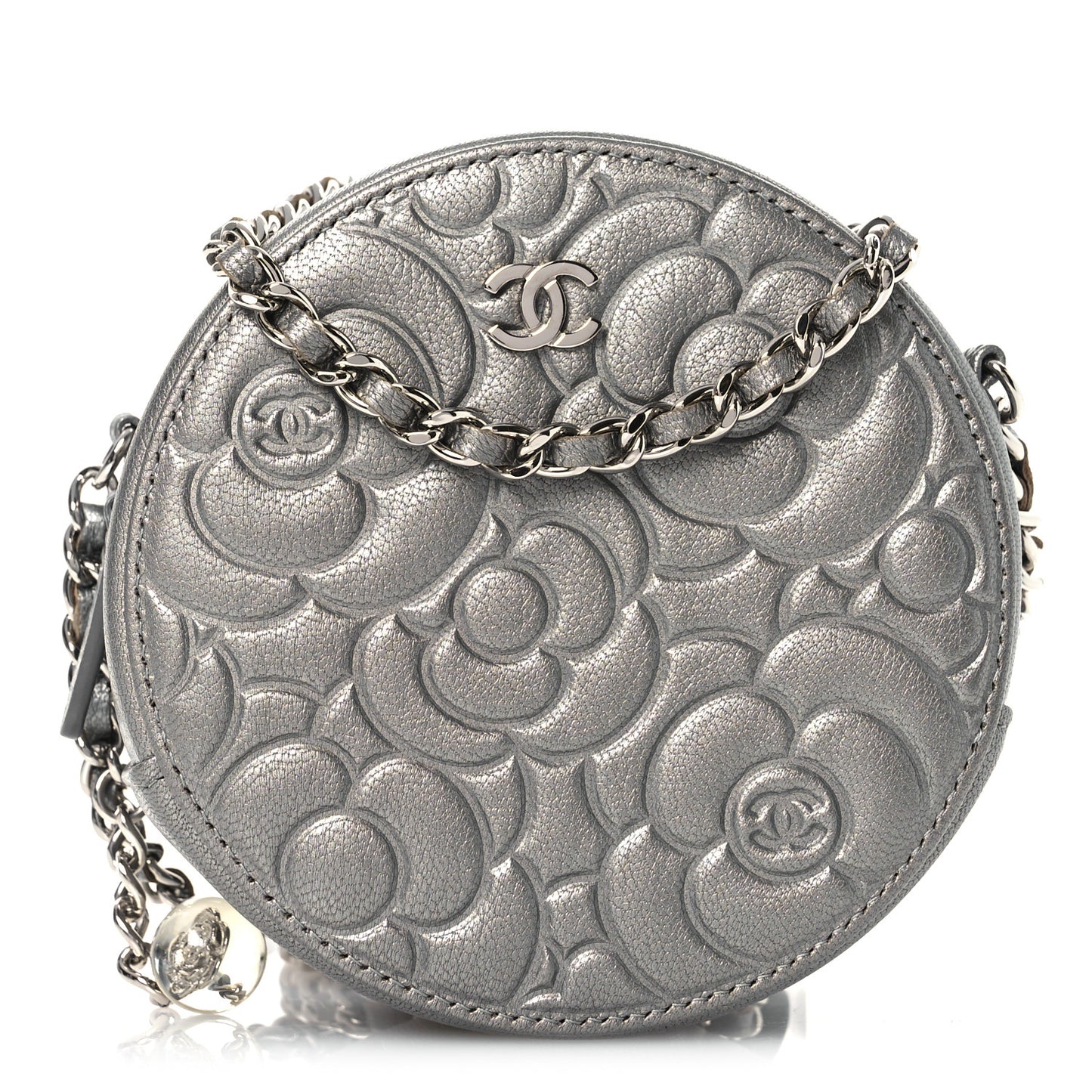 Goatskin Camellia Embossed Round Clutch With Chain Grey