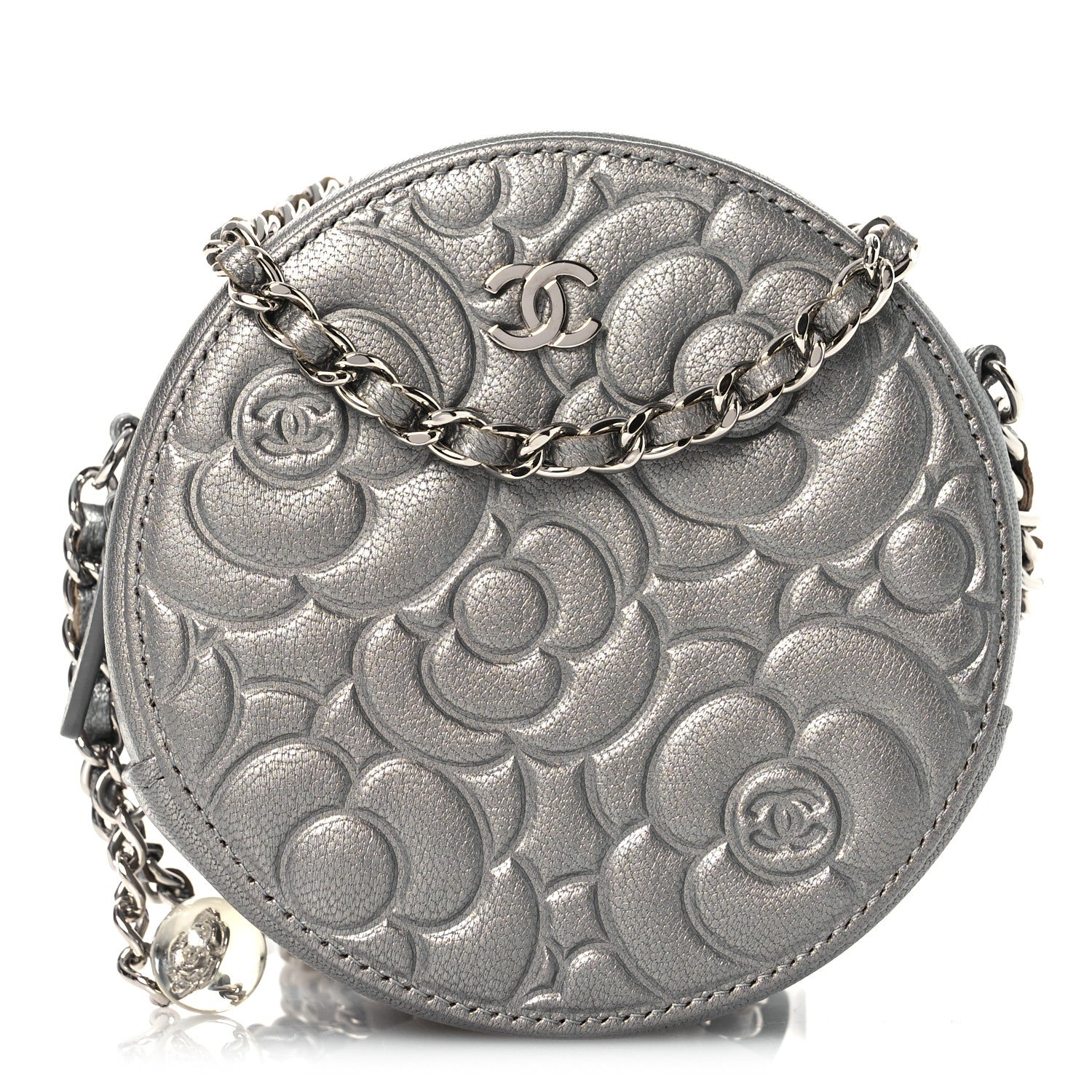 Chanel Goatskin Camellia Embossed Round Clutch With Chain Grey 1 of 11