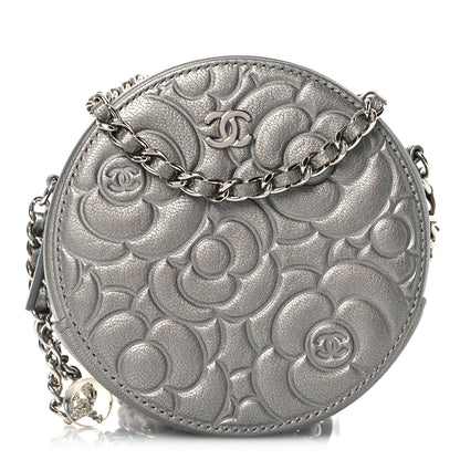 Chanel Goatskin Camellia Embossed Round Clutch With Chain Grey 1 of 11