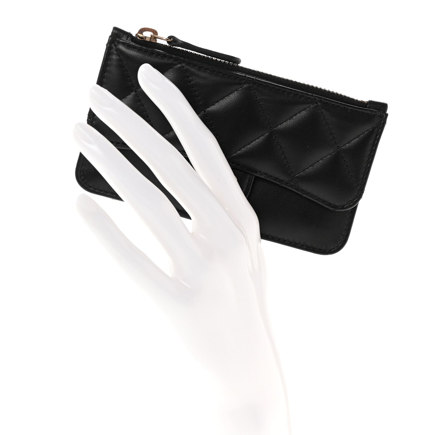 Lambskin Quilted Flap Zip Card Holder Black