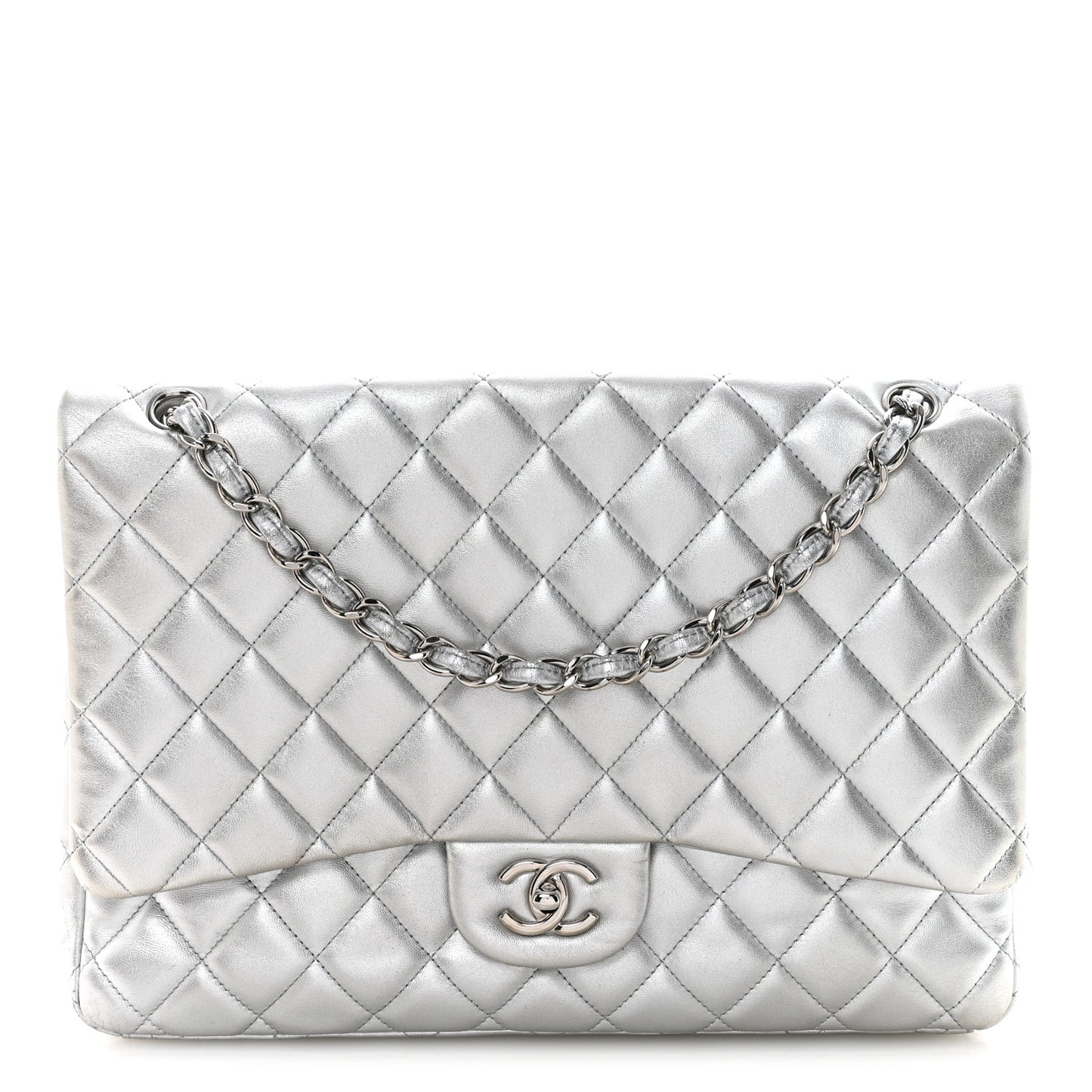 Metallic Lambskin Quilted Maxi Single Flap Silver