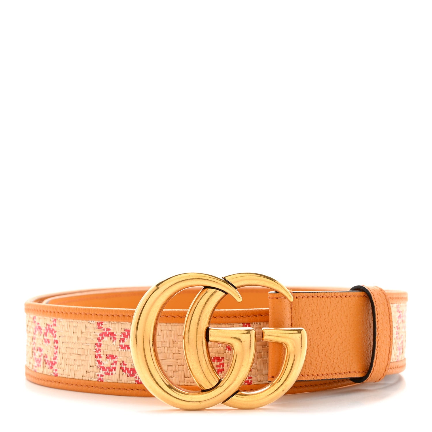 Gucci Raffia Textured Dollar Calfskin GG Monogram Double G 40mm Belt 95 38 Natural Bright Hibiscus Sun Oil 1 of 6