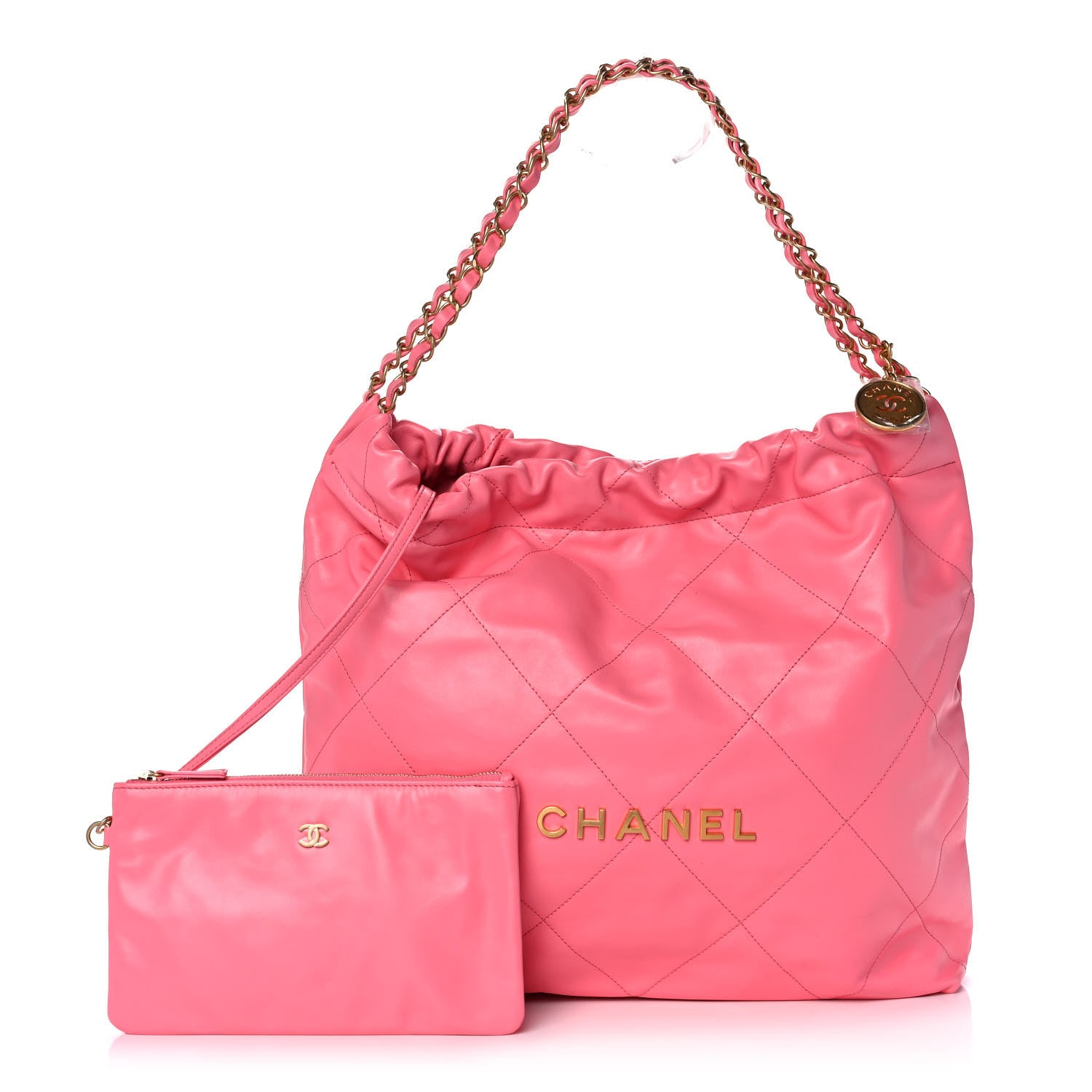 Chanel Shiny Calfskin Quilted Chanel 22 Drawstring Bag Coral Pink 1 of 12