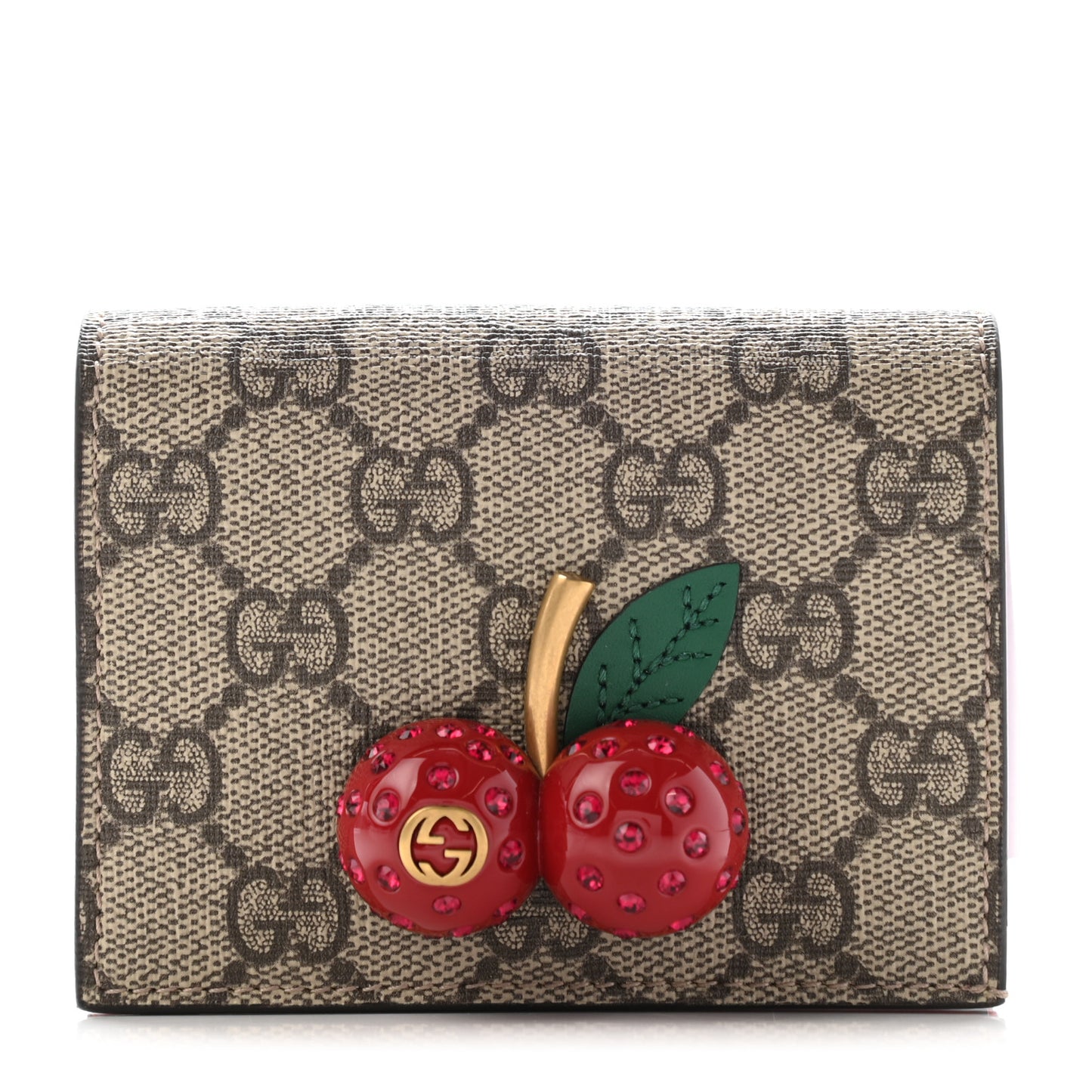 GG Supreme Monogram Cherry Embellished Card Case Wallet Hibiscus Red