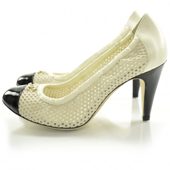 Chanel Perforated Patent Cap Toe Elastic Heels 36.5 1 of 2