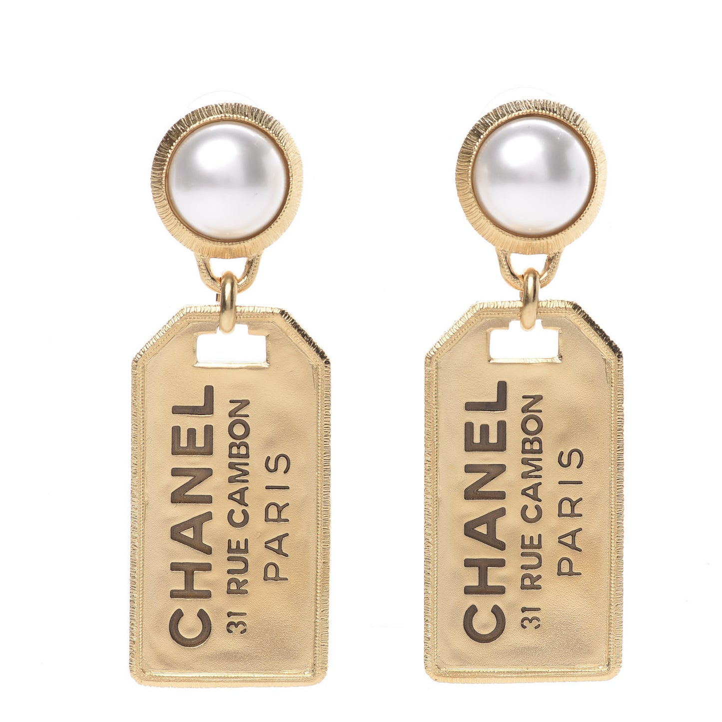 Pearl CC Tags Drop Earrings Gold