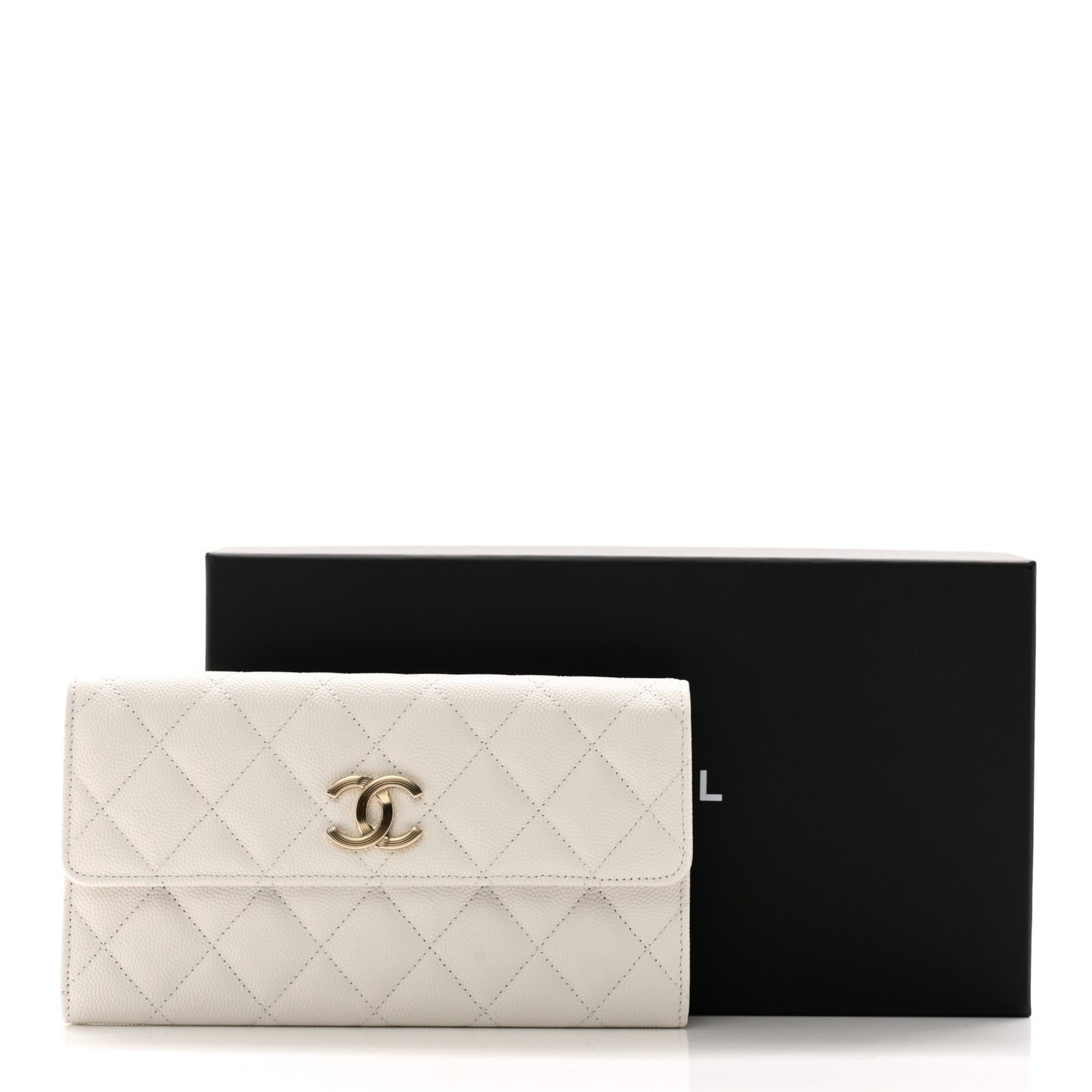 Caviar Quilted Striated CC Large Gusset Flap Wallet White