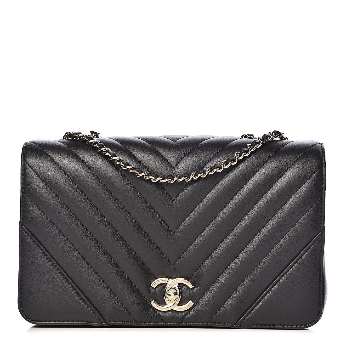 Calfskin Chevron Quilted Statement Flap Black