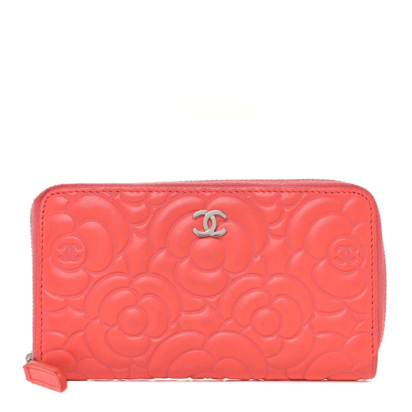 Lambskin Camellia Embossed Small Zip Around Wallet Coral