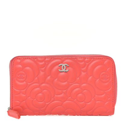 Chanel Lambskin Camellia Embossed Small Zip Around Wallet Coral 1 of 9
