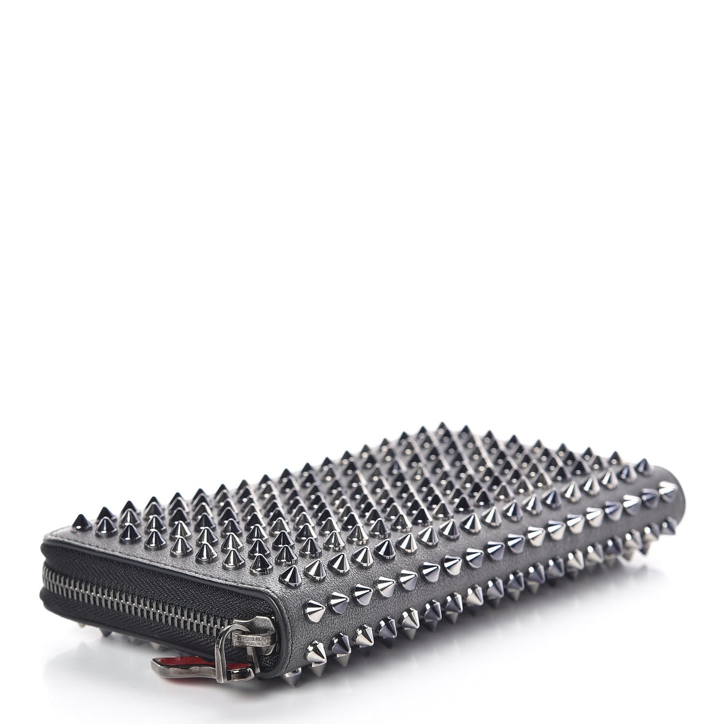 Metallic Calfskin Panettone Spiked Zip Around Wallet Anthracite Gun Metal
