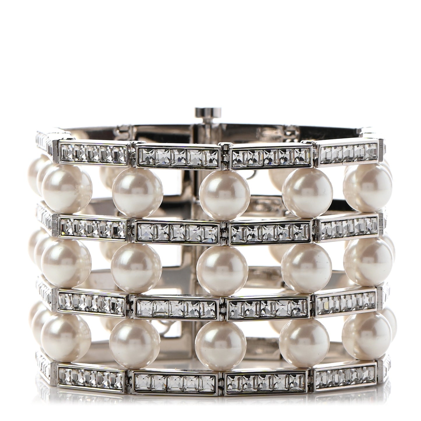 Crystal Pearl CC Cuff Bracelet L Silver