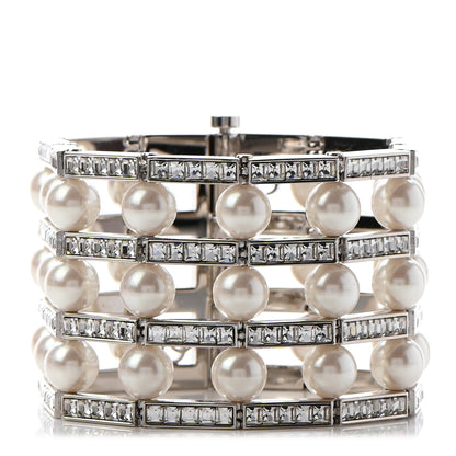 Chanel Crystal Pearl CC Cuff Bracelet L Silver 1 of 7