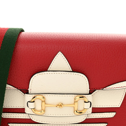Gucci X ADIDAS Textured Dollar Calfskin Web Trefoil Mini Horsebit 1955 Shoulder Bag Hibiscus Red Off White 8 of 10