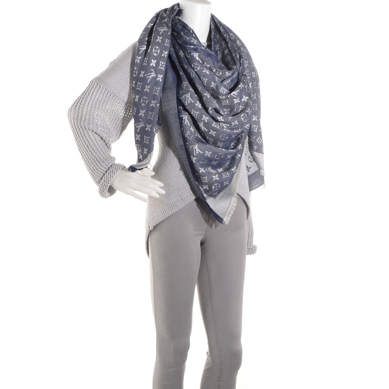 Louis Vuitton Silk Wool Monogram Denim Shawl Blue 2 of 5