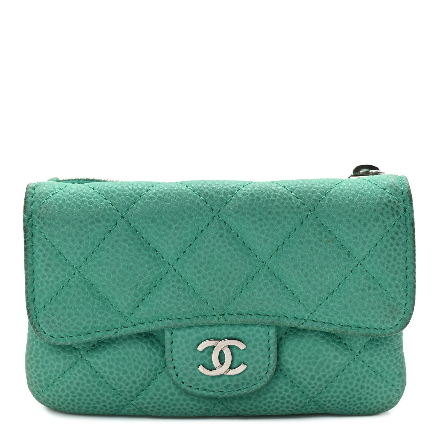 Iridescent Caviar Quilted Flap Zip Card Holder Green