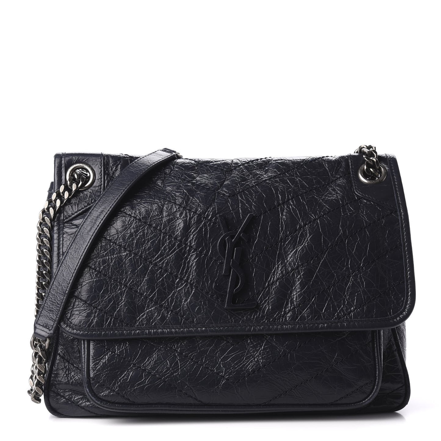 Crinkled Calfskin Matelasse Monogram Medium Niki Chain Satchel Deep Marine