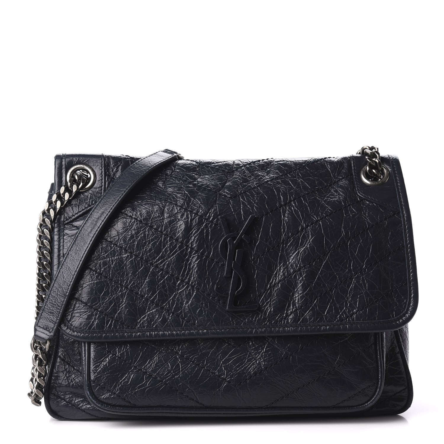 Saint Laurent Crinkled Calfskin Matelasse Monogram Medium Niki Chain Satchel Deep Marine 1 of 9