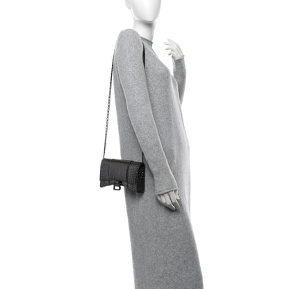 Balenciaga Shiny Metallic Calfskin Crocodile Embossed Hourglass Chain Bag Gunmetal 2 of 12