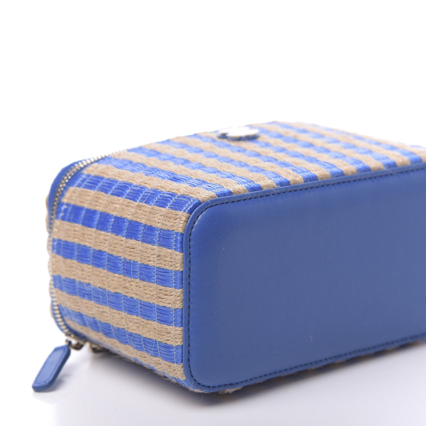 Raffia Jute Striped Small Vanity Case With Chain Blue Beige