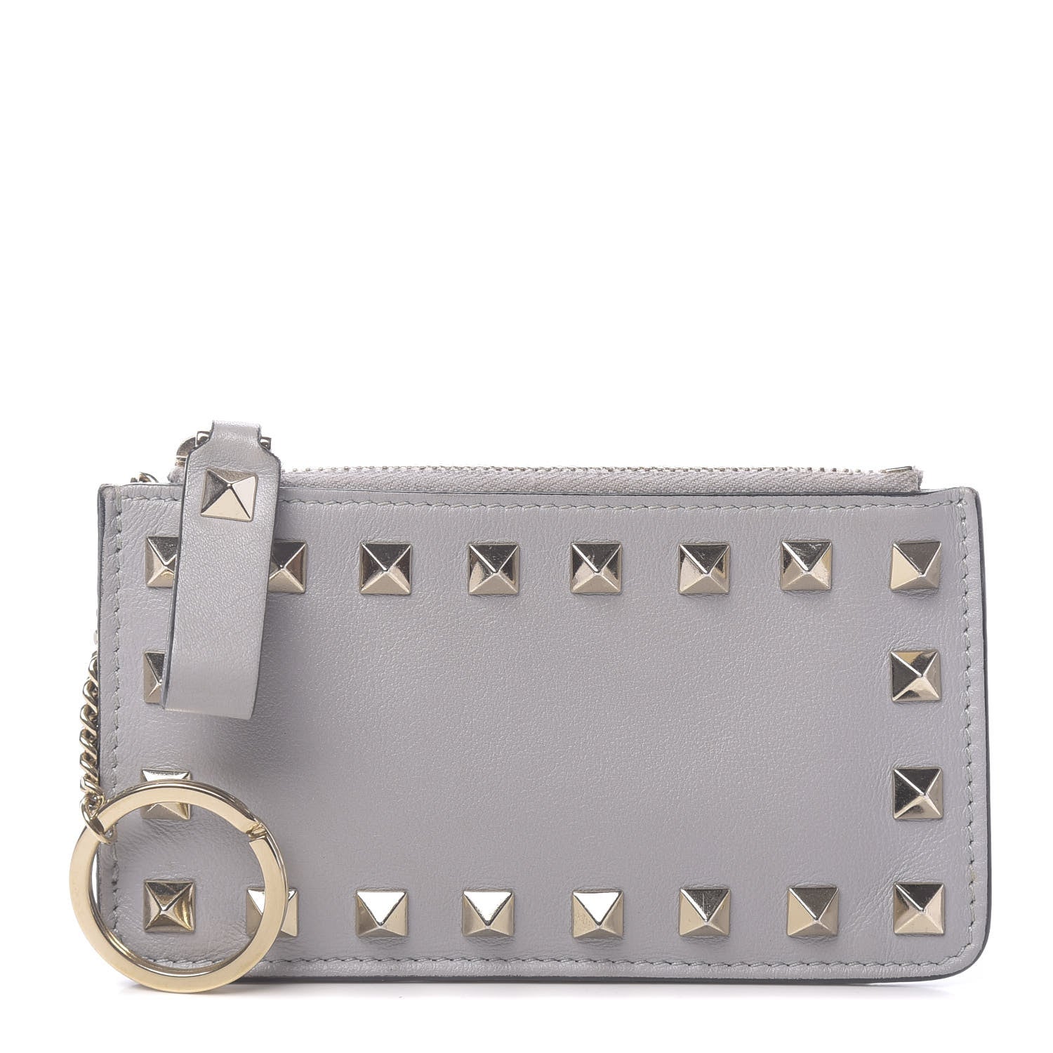 Valentino Garavani Vitello Rockstud Key Coin Case Card Holder Grey 1 of 9