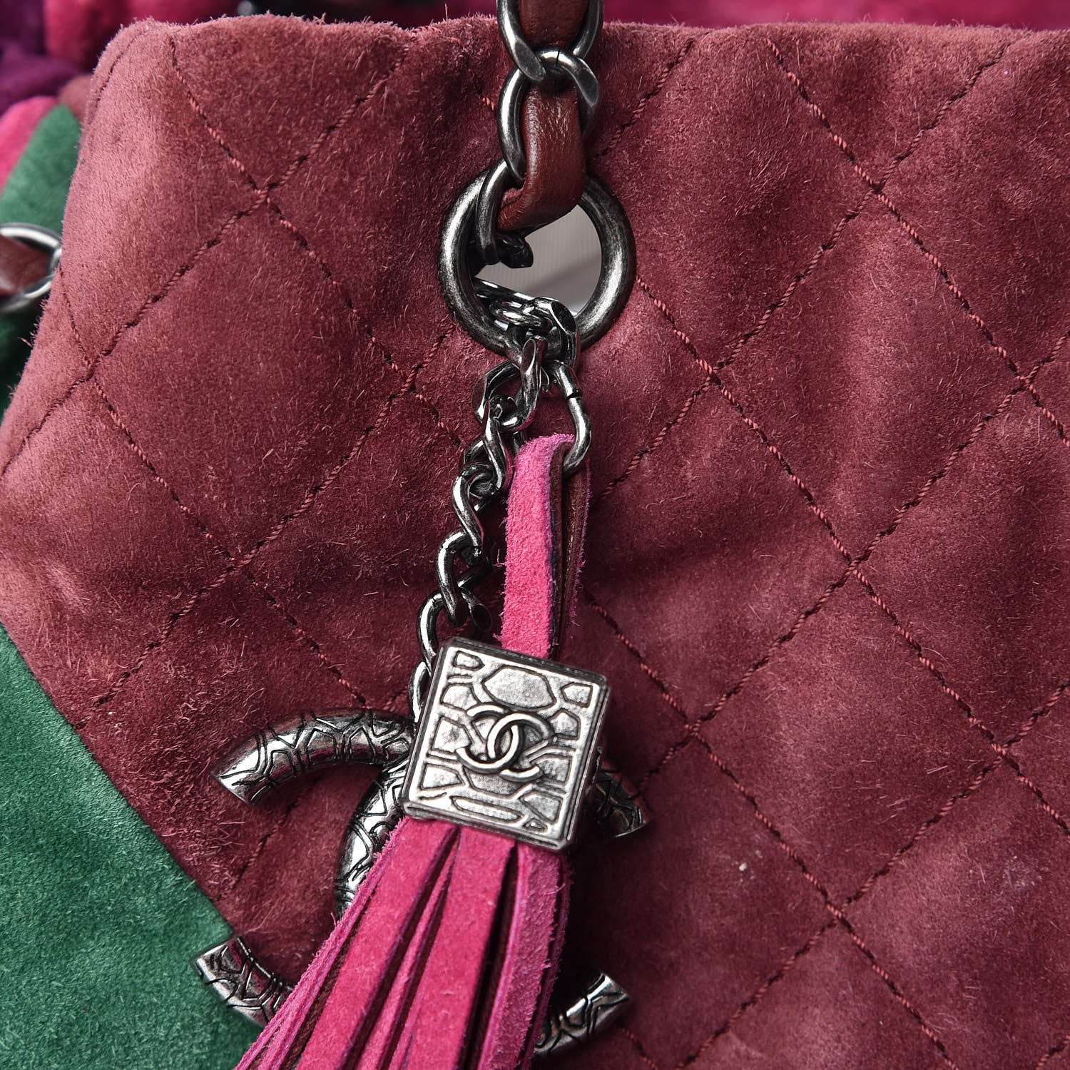 Chanel Suede Quilted Patchwork Drawstring Bag Green Pink Purple Burgundy 15 of 17