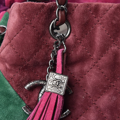 Chanel Suede Quilted Patchwork Drawstring Bag Green Pink Purple Burgundy 15 of 17