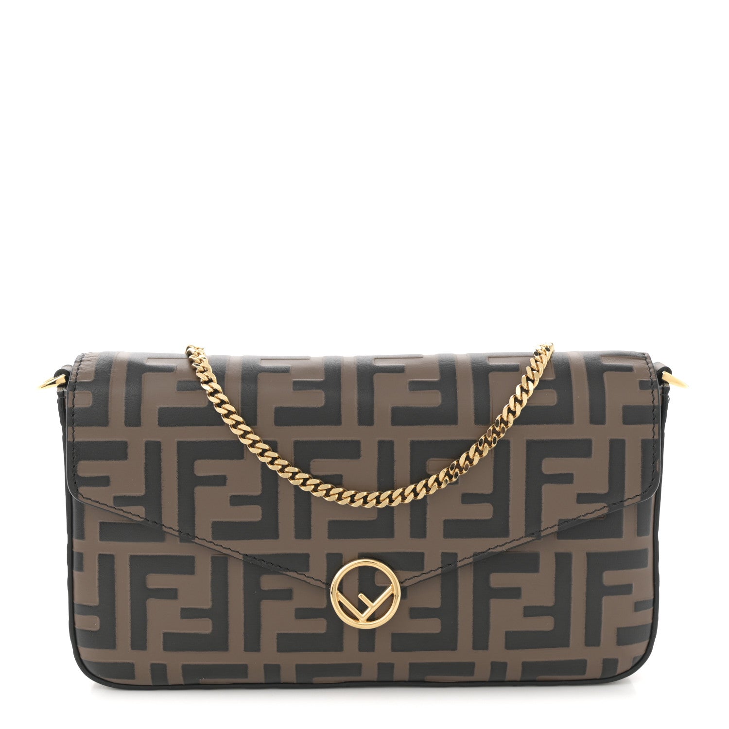 Fendi Vitello Soft F is Fendi Bi-Color FF 1974 Embossed Envelope Wallet On Chain with Pouches Maya Black 1 of 10