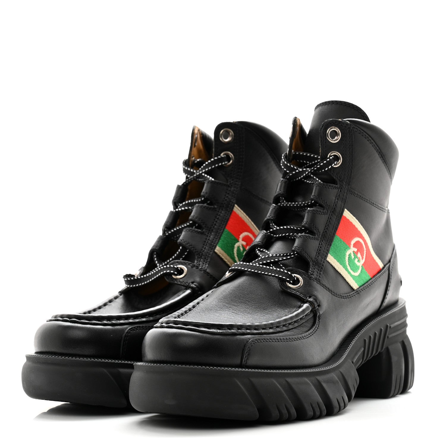 Gucci Quebec Calfskin Web Womens Interlocking G Lace Up Combat Boots 35 40 Black Mystic White Green Red 3 of 10