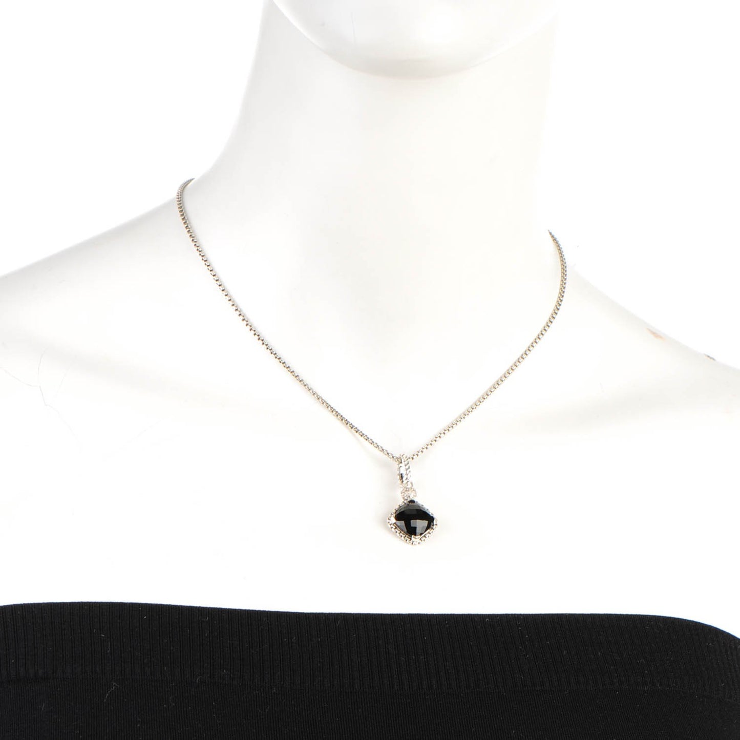 Sterling Silver 14K Yellow Gold Pave Diamond Black Onyx 11mm Cushion On Point Pendant Necklace