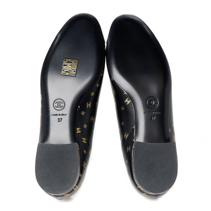 Chanel Lambskin Patent Calfskin Printed CC Cap Toe Ballerina Flats 37 Black Gold 5 of 9