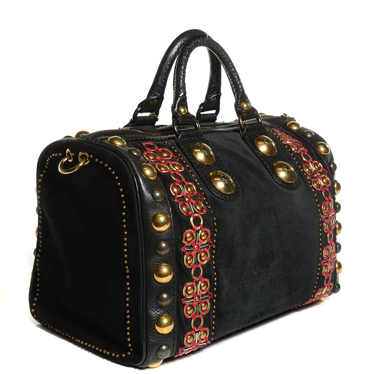 Suede Calfskin Babouska Studded Large Boston Black