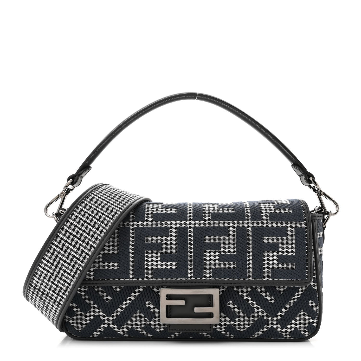 Fendi Wool Vitello King Houndstooth FF Embroidered Baguette Grigio Anthracite 1 of 13