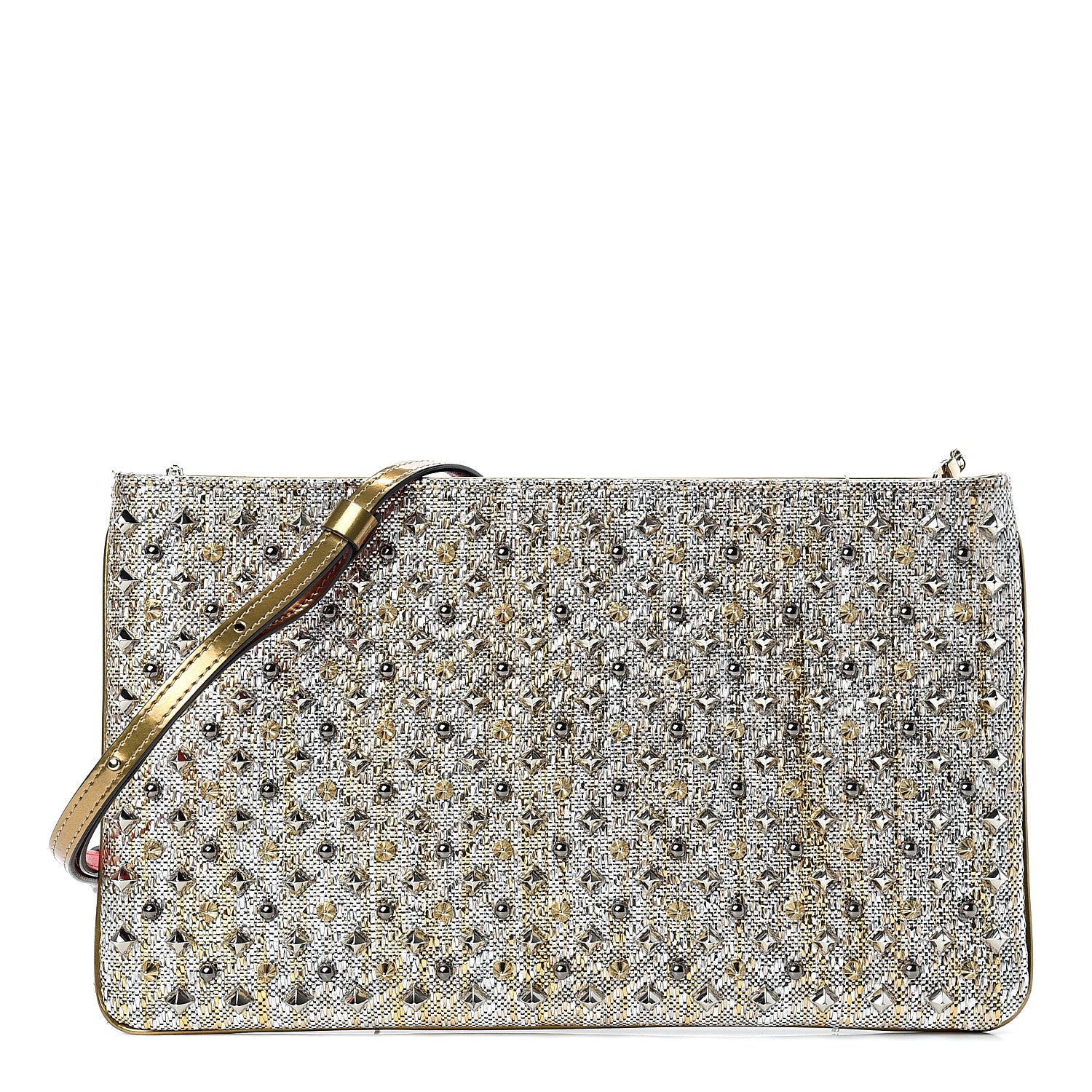 Christian Louboutin Metallic Raffia Spikes Loubiposh Chain Clutch Silver Gold 1 of 11