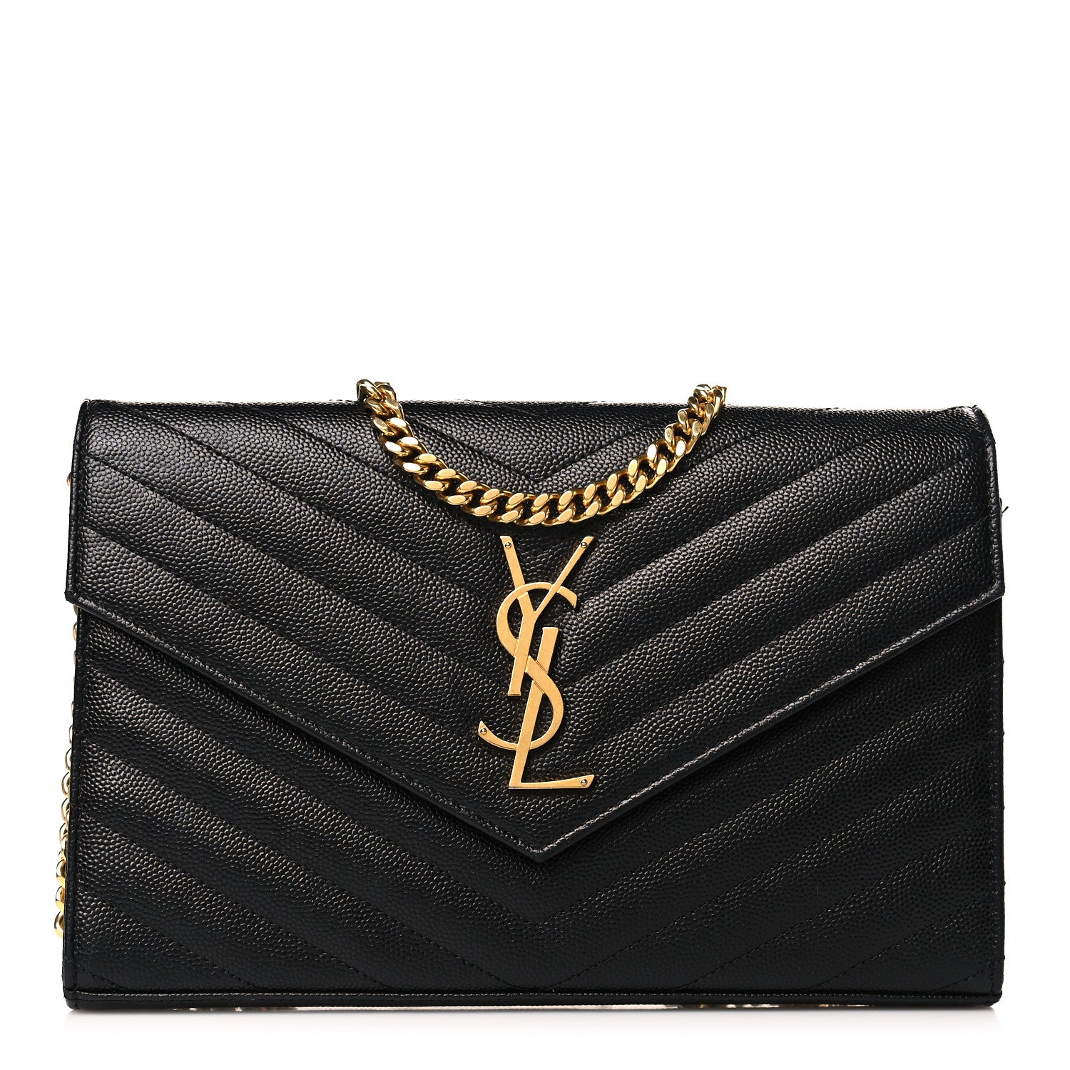Saint Laurent Grain De Poudre Matelasse Chevron Monogram Chain Wallet Black 1 of 9