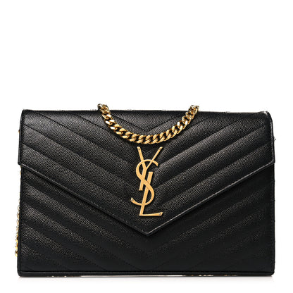 Saint Laurent Grain De Poudre Matelasse Chevron Monogram Chain Wallet Black 1 of 9