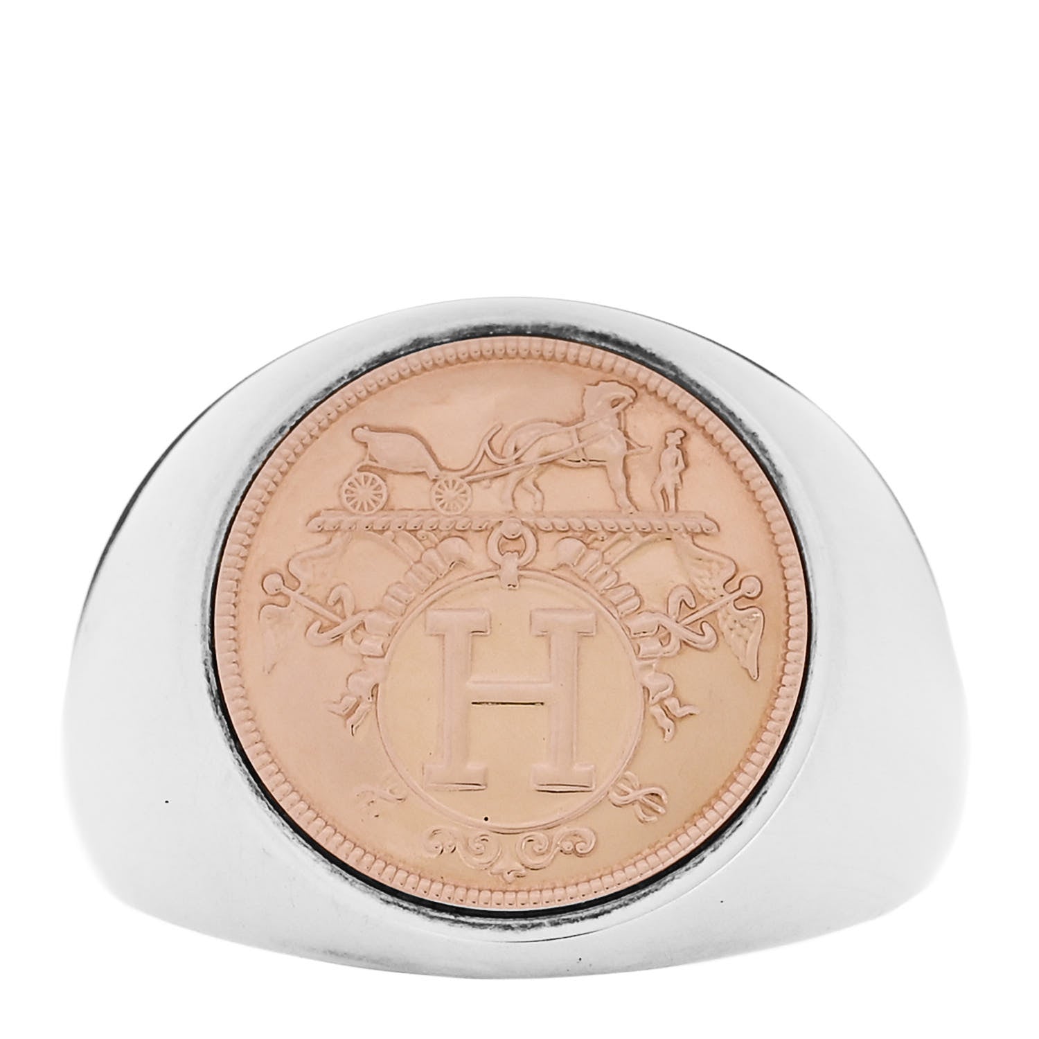 Hermes Sterling Silver 18K Rose Gold PM Ex-Libris Signet Ring 51 5.75 1 of 4