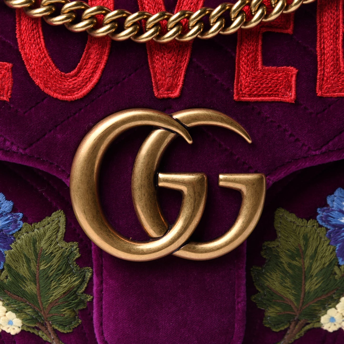 Velvet Matelasse Loved Embroidered Medium GG Marmont Shoulder Bag Fuchsia Violet Cyclamen
