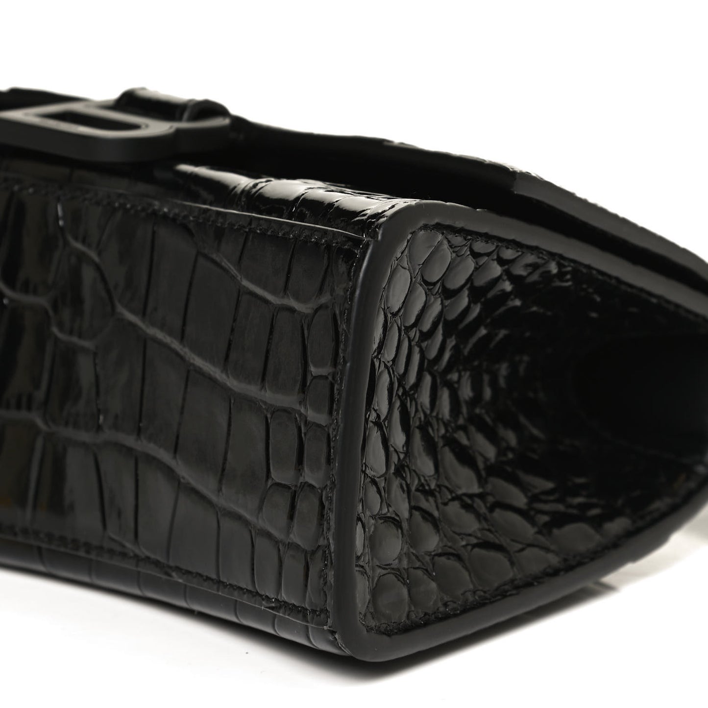 Shiny Calfskin Monochrome Crocodile Embossed Hourglass Top Handle Bag XS Black