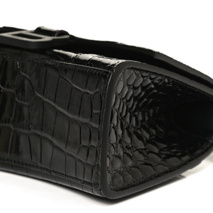 Balenciaga Shiny Calfskin Monochrome Crocodile Embossed Hourglass Top Handle Bag XS Black 10 of 11